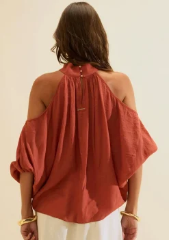 Blusa Morena Rosa Solta Gola Alta Manga Longa Padrão Marrom