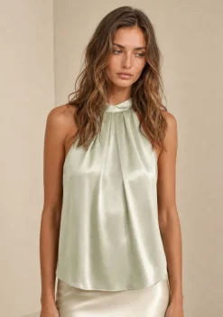 Blusa Morena Rosa Solta Gola Alta Sem Manga Padrão Verde