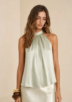 Blusa Morena Rosa Solta Gola Alta Sem Manga Padrão Verde