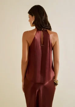Blusa Morena Rosa Solta Gola Alta Sem Manga Padrão Marrom