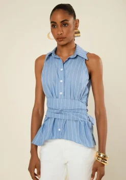 Blusa Morena Rosa Solta Gola Clássica Sem Manga Padrão Azul Escuro