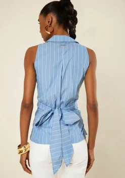 Blusa Morena Rosa Solta Gola Clássica Sem Manga Padrão Azul Escuro
