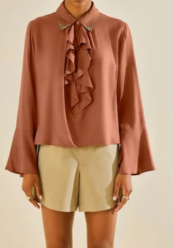 Blusa Morena Rosa Solta Gola Clássica Manga Longa Padrão Marrom