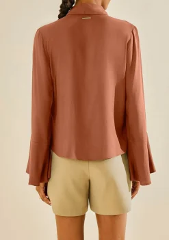 Blusa Morena Rosa Solta Gola Clássica Manga Longa Padrão Marrom