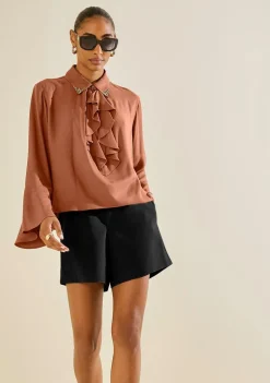 Blusa Morena Rosa Solta Gola Clássica Manga Longa Padrão Marrom