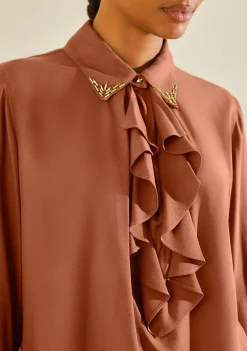 Blusa Morena Rosa Solta Gola Clássica Manga Longa Padrão Marrom