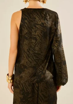 Blusa Morena Rosa Solta Um Ombro Só Manga Longa Padrão Preto
