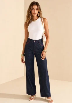 Calça Reta Alta Azul