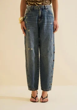 Calca Jeans Cenoura Favo Azul