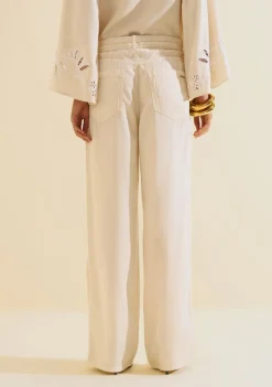 Calca Sarja Wide Leg Florada Off White