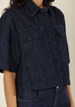 Camisa Morena Rosa Solta Decote Transpassado Manga 3 Quartos Padrão Azul