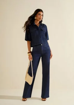 Camisa Morena Rosa Solta Decote Transpassado Manga 3 Quartos Padrão Azul