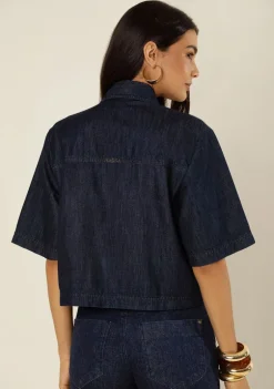 Camisa Morena Rosa Solta Decote Transpassado Manga 3 Quartos Padrão Azul
