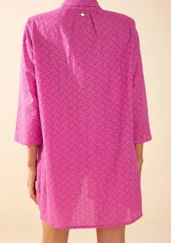 Camisa Morena Rosa Solta Decote V Manga 3 Quartos Alongada Rosa