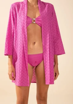 Camisa Morena Rosa Solta Decote V Manga 3 Quartos Alongada Rosa