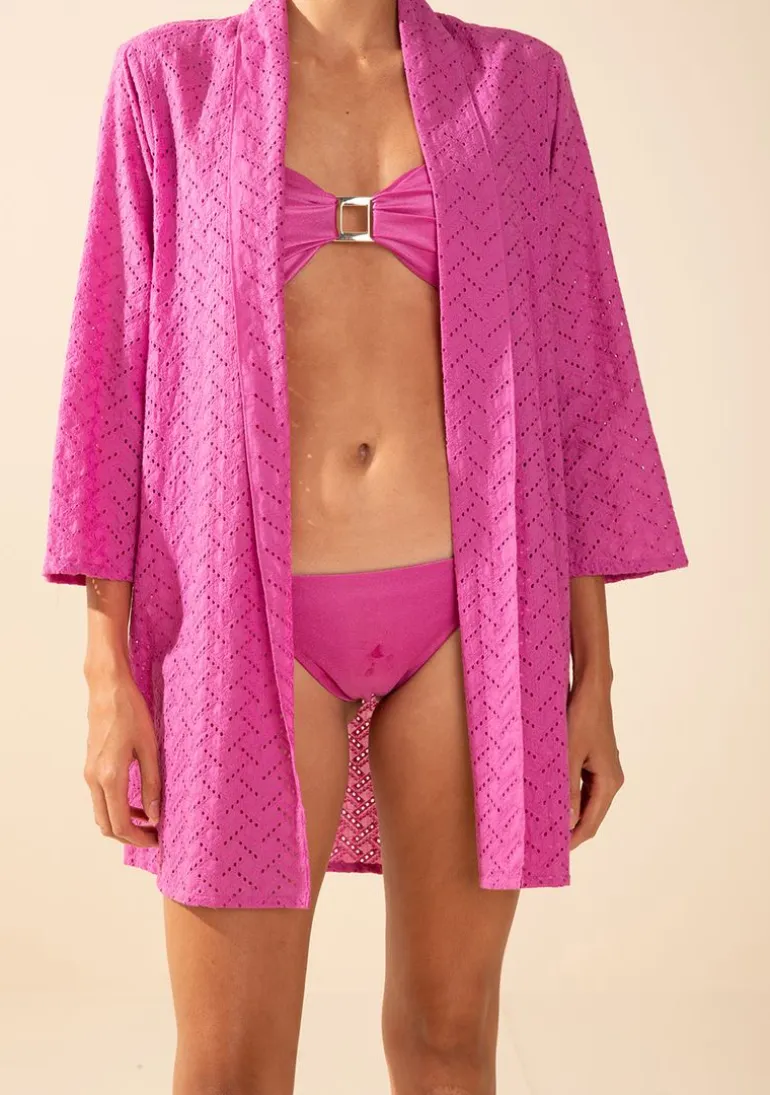 Camisa Morena Rosa Solta Decote V Manga 3 Quartos Alongada Rosa