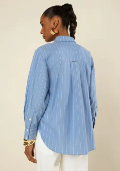 Camisa Morena Rosa Solta Gola Clássica Manga Longa Padrão Azul Escuro