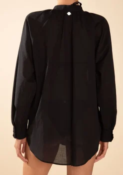 Camisa Morena Rosa Solta Gola Padre Manga Longa Padrão Preto
