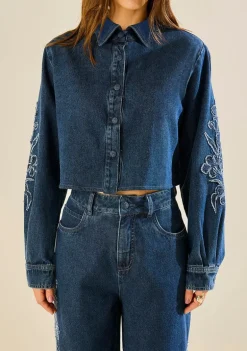 Camisa Morena Rosa Solta Gola Padre Manga Longa Padrão Azul