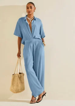 Camisa Morena Rosa Solta Gola Clássica Manga Curta Alongada Azul