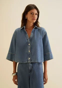 Camisa Morena Rosa Solta Polo Manga 3 Quartos Cropped Azul