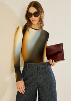 Camiseta Morena Rosa Ajustada Decote Careca Manga Longa Padrão Preto/Azul