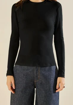 Camiseta Morena Rosa Ajustada Decote Careca Manga Longa Padrão Preto