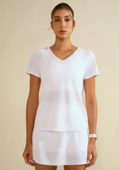 Camiseta Morena Rosa Solta Decote V Manga Curta Padrão Branco