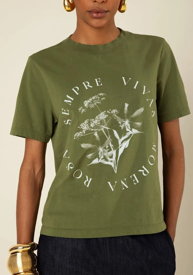 Camiseta Morena Rosa Solta Decote Careca Manga Curta Padrão Verde