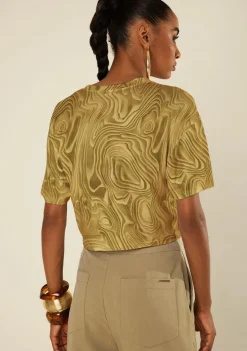 Camiseta Morena Rosa Solta Decote Careca Manga Curta Padrão Amarelo