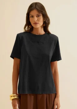 Camiseta Morena Rosa Solta Decote Careca Manga Curta Padrão Preto