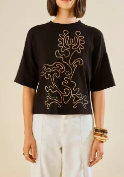 Camiseta Morena Rosa Solta Decote Careca Manga Curta Padrão Preto