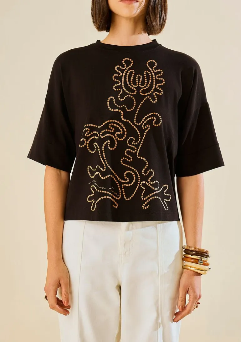 Camiseta Morena Rosa Solta Decote Careca Manga Curta Padrão Preto