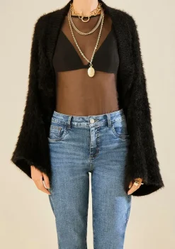 Casaco Morena Rosa Solto Manga Longa Cropped Preto