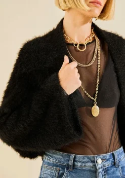 Casaco Morena Rosa Solto Manga Longa Cropped Preto