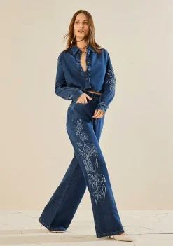 Conjunto Morena Rosa Camisa Manga Longa Calça Wide Cintura Média Azul