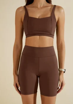 Conjunto Morena Rosa Top Com Alça Bermuda Ciclista Cintura Média Marrom