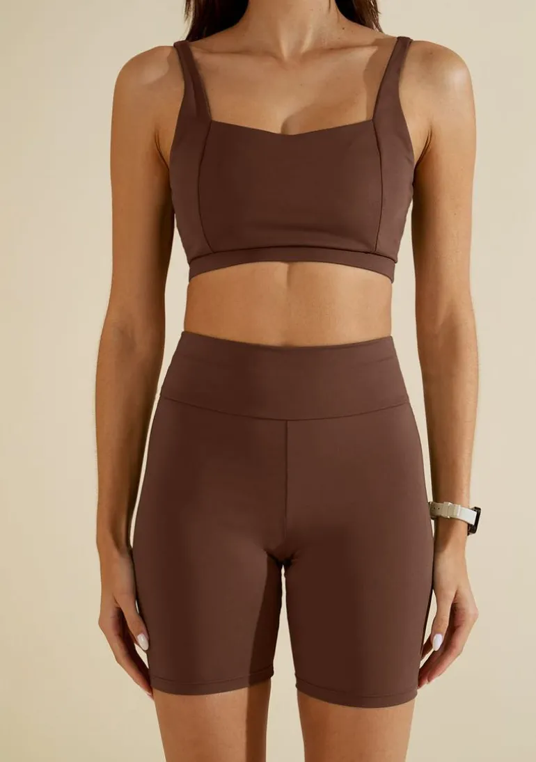 Conjunto Morena Rosa Top Com Alça Bermuda Ciclista Cintura Média Marrom
