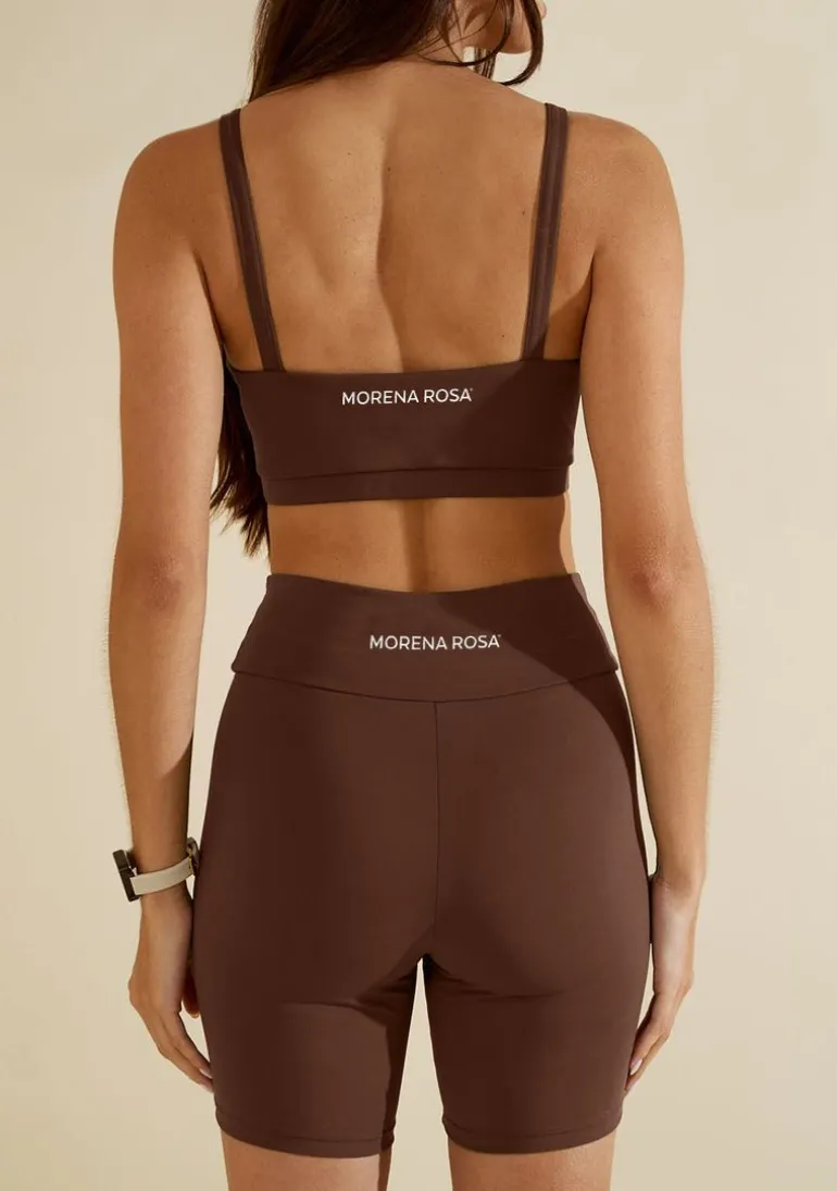 Conjunto Morena Rosa Top Com Alça Bermuda Ciclista Cintura Média Marrom
