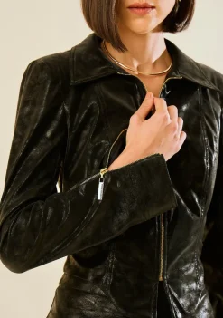 Jaqueta Morena Rosa Ajustada Manga Longa Cropped Preto
