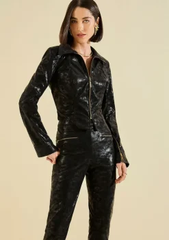 Jaqueta Morena Rosa Ajustada Manga Longa Cropped Preto