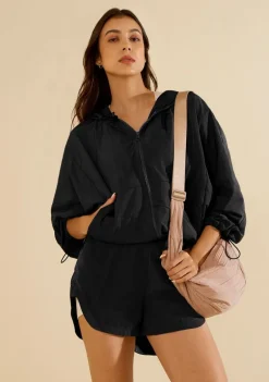 Jaqueta Morena Rosa Oversized Manga Longa Padrão Preto
