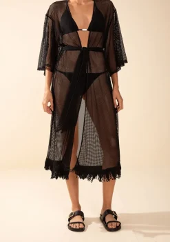 Kaftan Morena Rosa Solto Manga Longa Padrão Preto