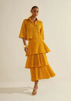 Saia Morena Rosa Evasê Alta Midi Amarelo