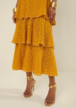 Saia Morena Rosa Evasê Alta Midi Amarelo