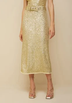Saia Morena Rosa Midi Reta Com Cinto Dourado
