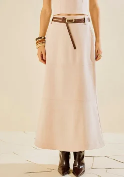 Saia Morena Rosa Reta Alta Midi Bege