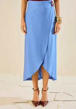Saia Morena Rosa Reta Alta Midi Azul