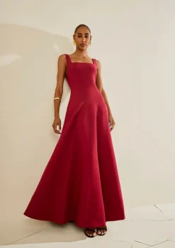 Vestido Ajustado Decote Reto Com Alca Longo Vermelho