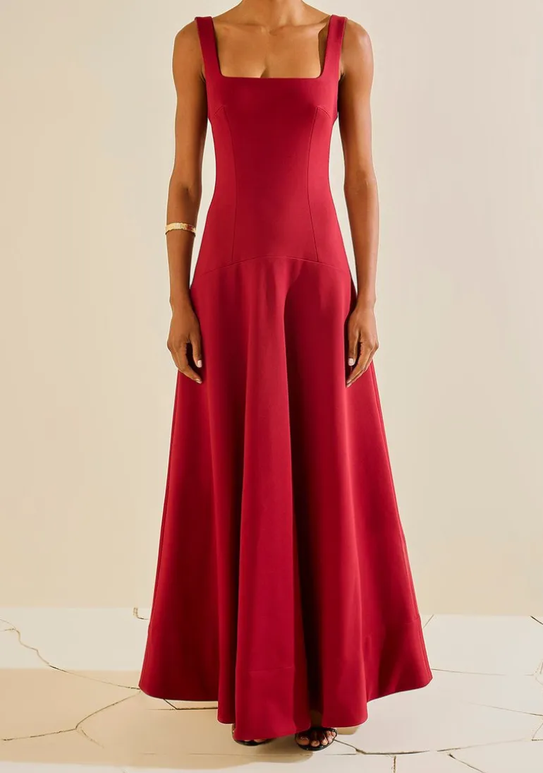 Vestido Ajustado Decote Reto Com Alca Longo Vermelho